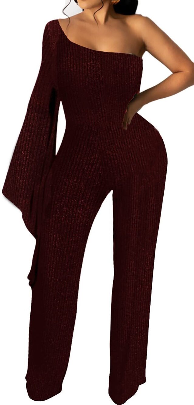 4462 Sparkly Jumpsuits Disco Outfits Hollow Out One Slit Shoulder Long